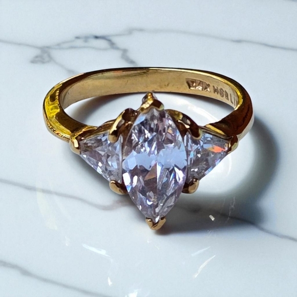 14k gold plated ring size 7 signed George Lind and rhinestone marquis engagem… - Picture 13 of 13